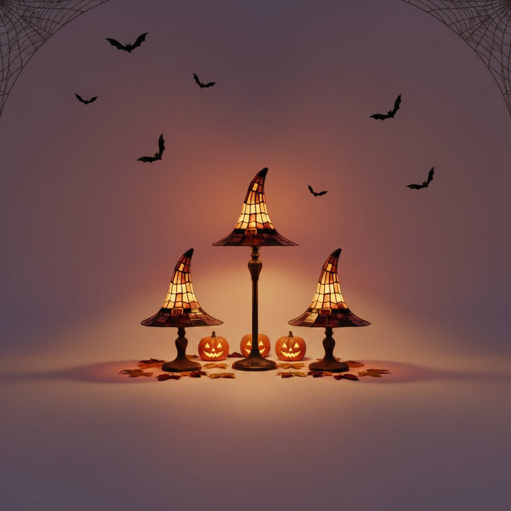 Halloween heksenhoed art-glass tafellamp met glas-in-loodkap en bronzen voet