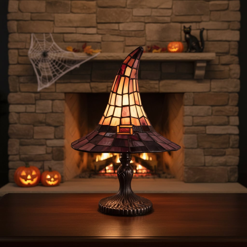Halloween heksenhoed art-glass tafellamp met glas-in-loodkap en bronzen voet