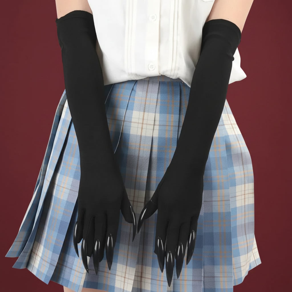 Halloween heksenkostuum klauwhandschoenen lang zwart satijn met vastzittende klauwen tot aan de elleboog