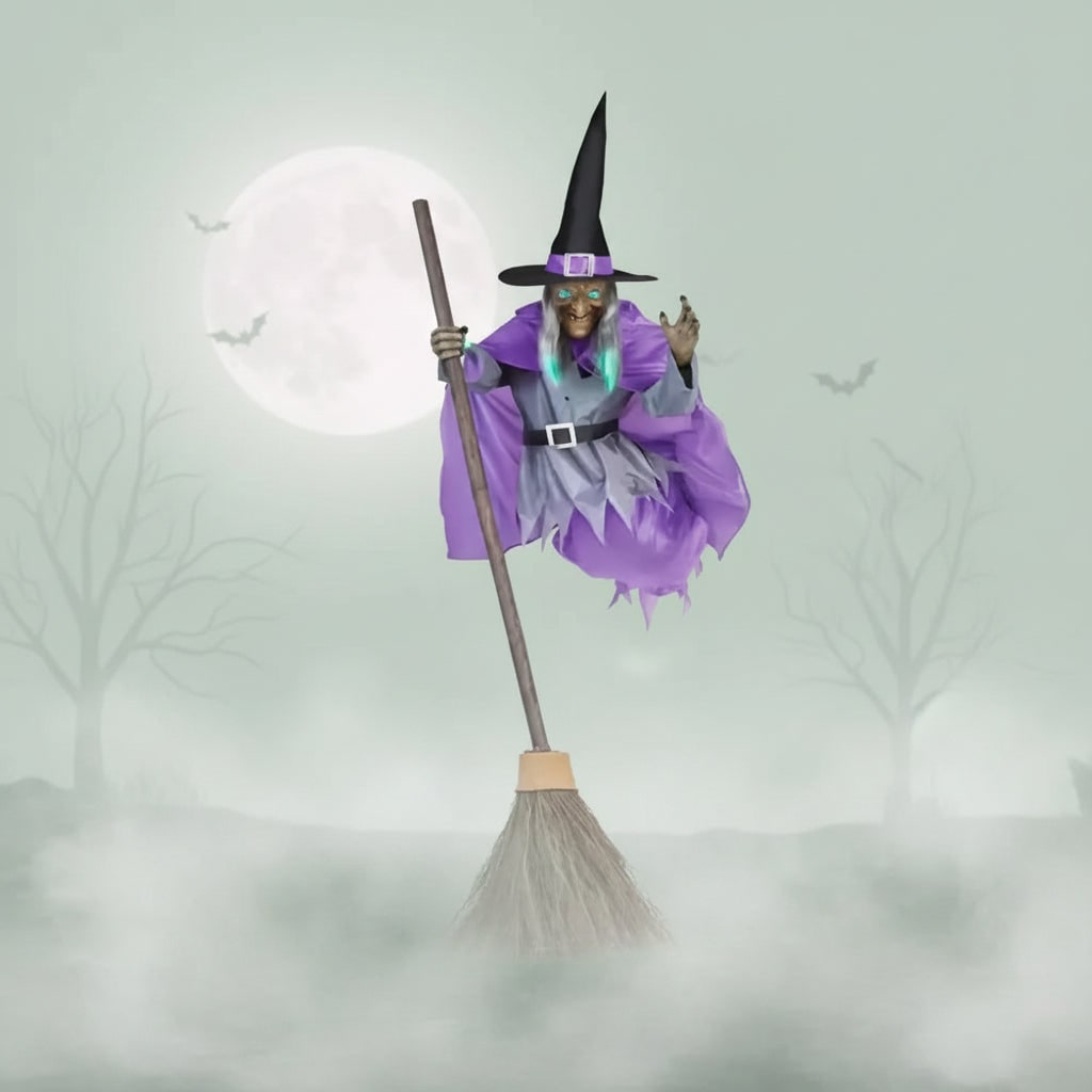 Halloween heksendecoratie opblaasbaar met gloeiende ogen en vliegende bezemsteel als tuindecoratie buiten
