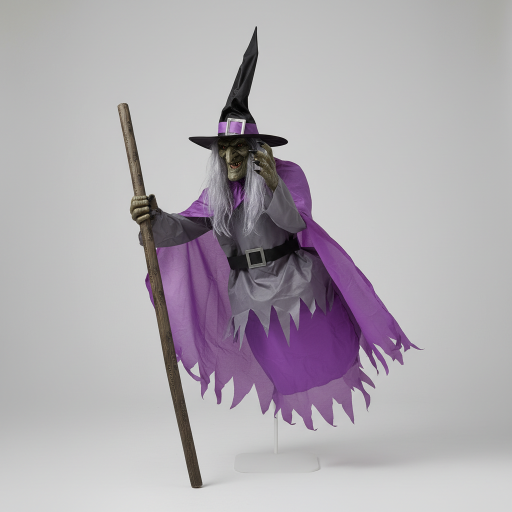 Halloween heksendecoratie opblaasbaar met gloeiende ogen en vliegende bezemsteel als tuindecoratie buiten
