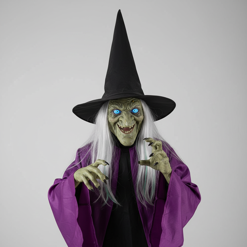 Halloween heksendecoratie opblaasbaar met gloeiende ogen en vliegende bezemsteel als tuindecoratie buiten