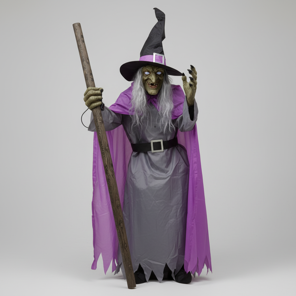 Halloween heksendecoratie opblaasbaar met gloeiende ogen en vliegende bezemsteel als tuindecoratie buiten