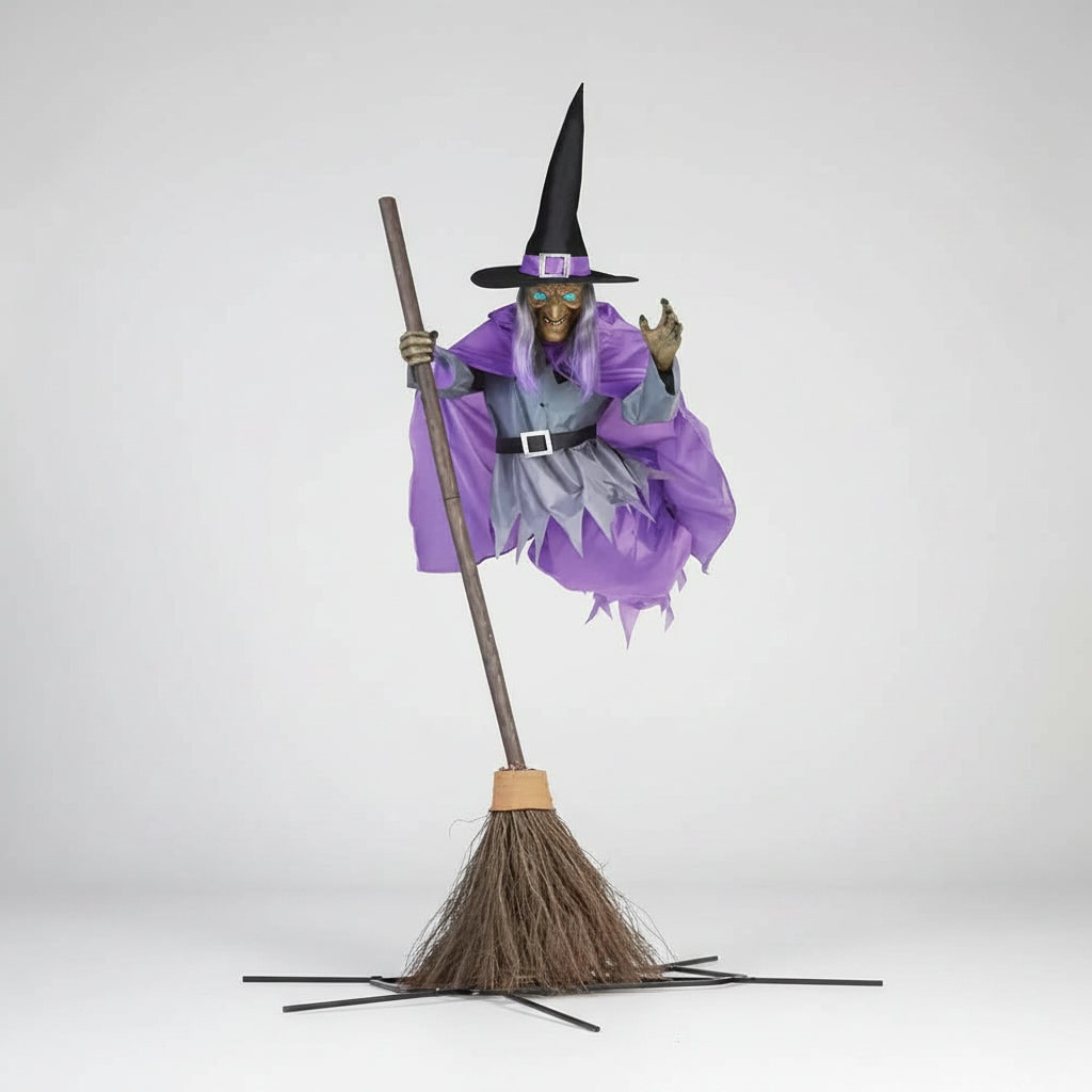 Halloween heksendecoratie opblaasbaar met gloeiende ogen en vliegende bezemsteel als tuindecoratie buiten