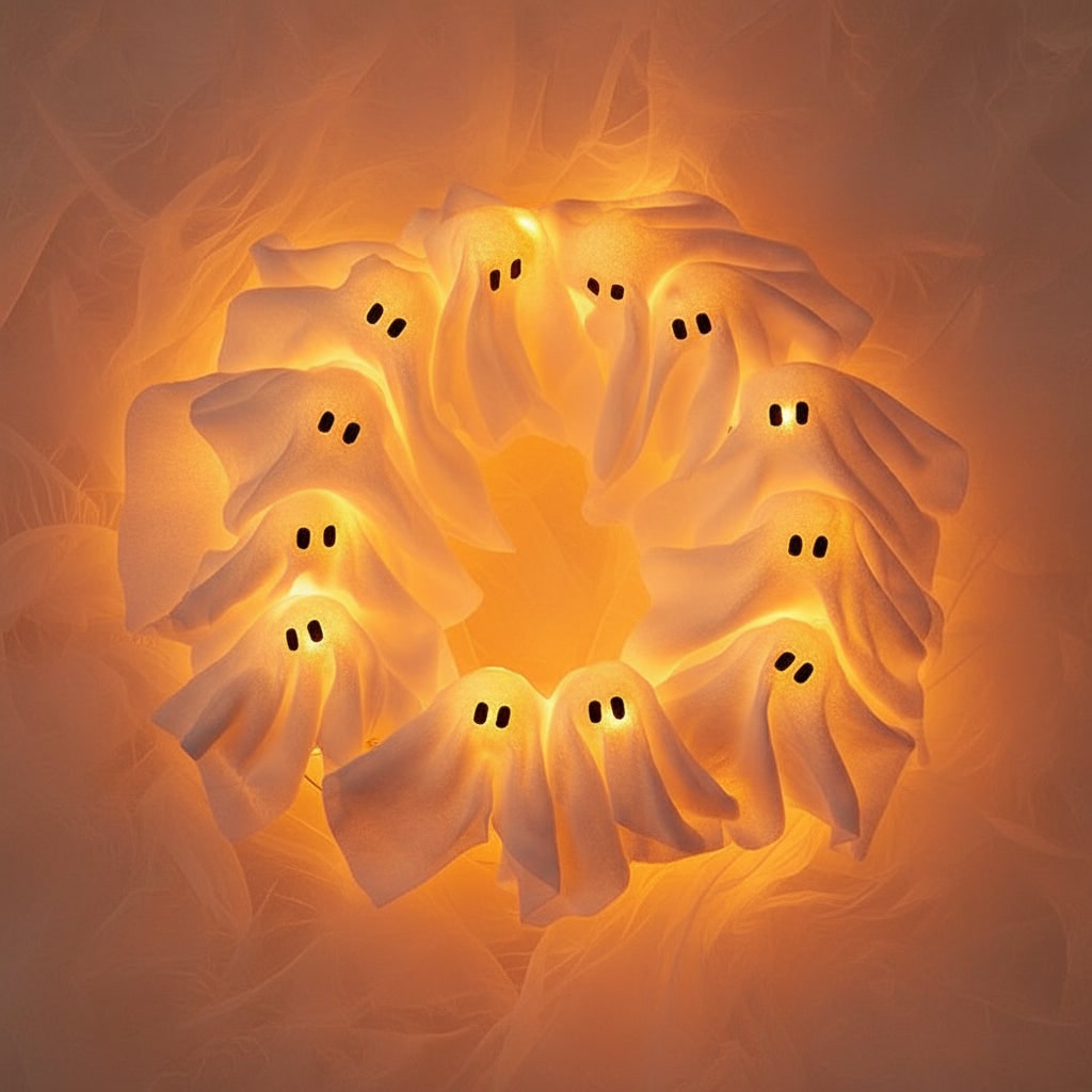 Halloweenkrans deurdecoratie met led-spookjes en gaasstof voor voordeur- en feestdecoratie