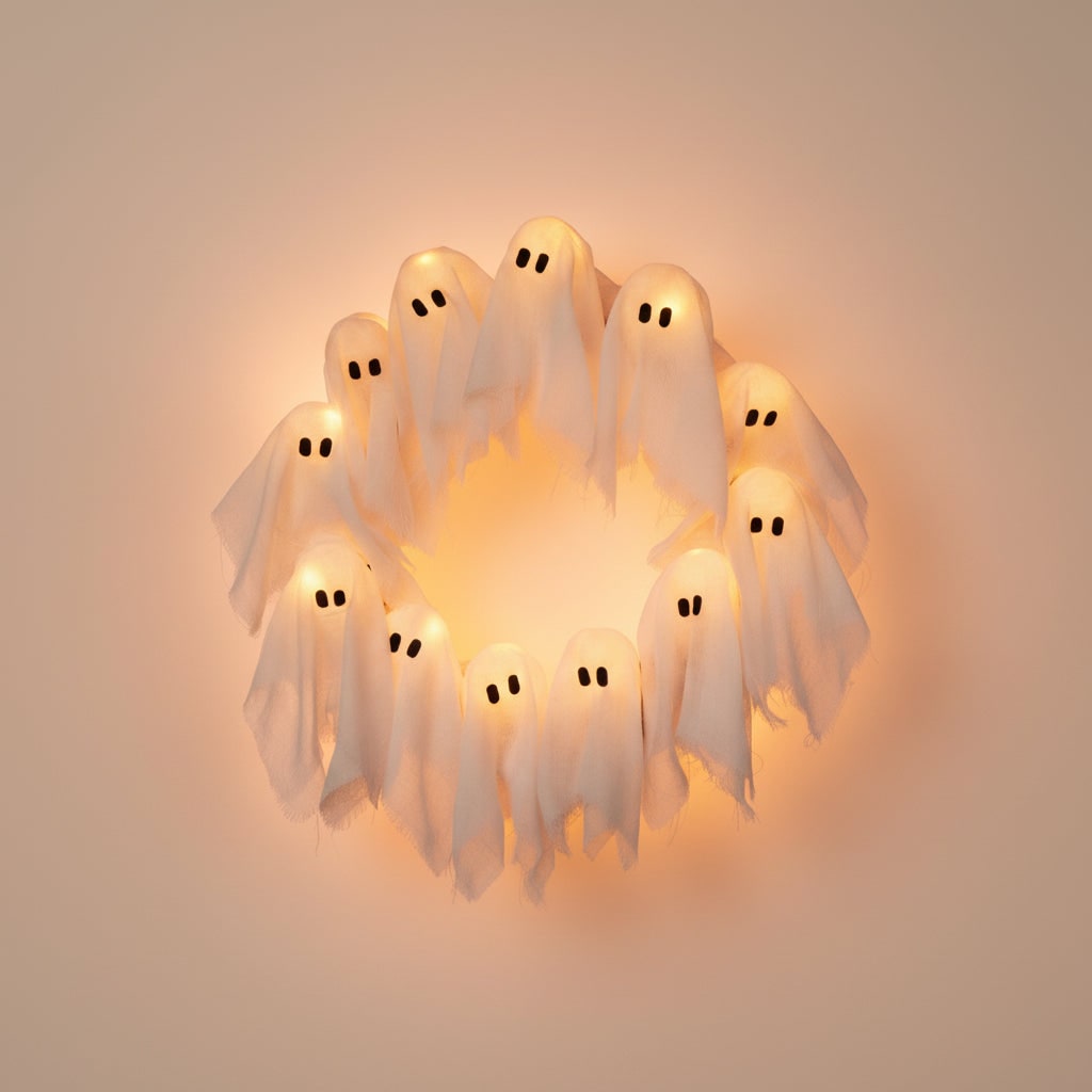 Halloweenkrans deurdecoratie met led-spookjes en gaasstof voor voordeur- en feestdecoratie