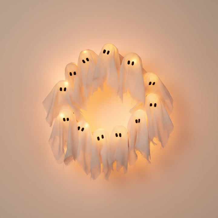 Halloweenkrans deurdecoratie met led-spookjes en gaasstof voor voordeur- en feestdecoratie
