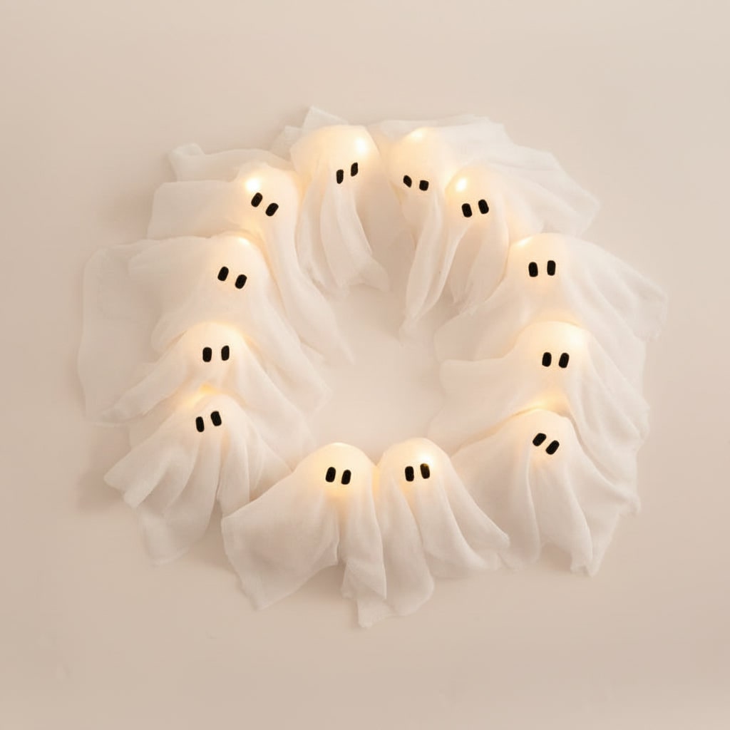 Halloweenkrans deurdecoratie met led-spookjes en gaasstof voor voordeur- en feestdecoratie