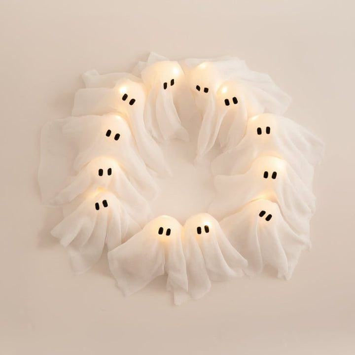 Halloweenkrans deurdecoratie met led-spookjes en gaasstof voor voordeur- en feestdecoratie