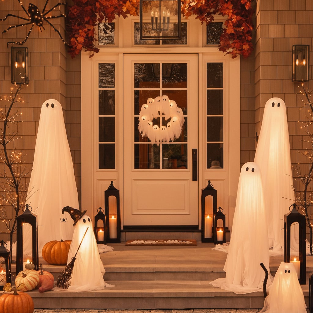 Halloweenkrans deurdecoratie met led-spookjes en gaasstof voor voordeur- en feestdecoratie