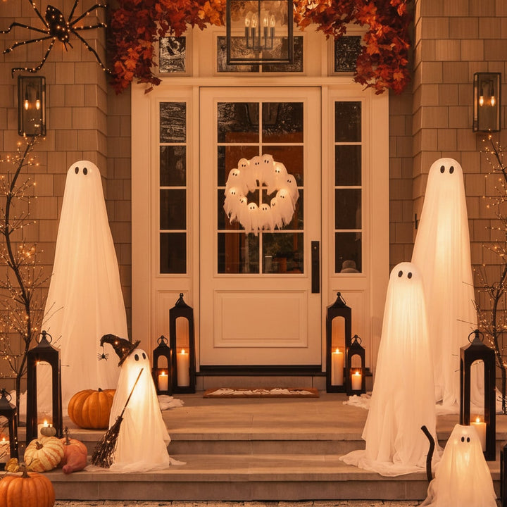 Halloweenkrans deurdecoratie met led-spookjes en gaasstof voor voordeur- en feestdecoratie