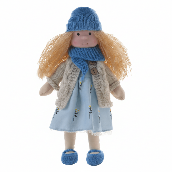 Handgemaakte Waldorfpop 28 cm katoen handgemaakt stoffen gebreide kleding wollen haar doek