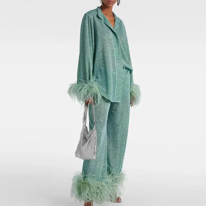 Glitterset voor dames, tweedelig, met veren aan de zoom, feestoutfit