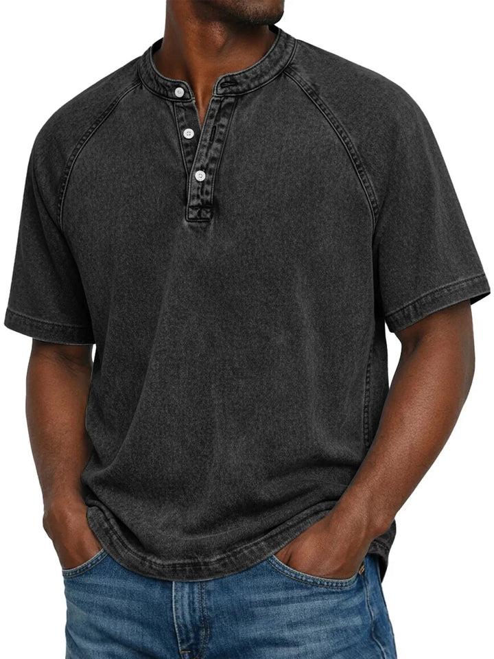Casual T-shirt met korte mouwen voor heren met raglanmouwen in gewassen henley-stijl