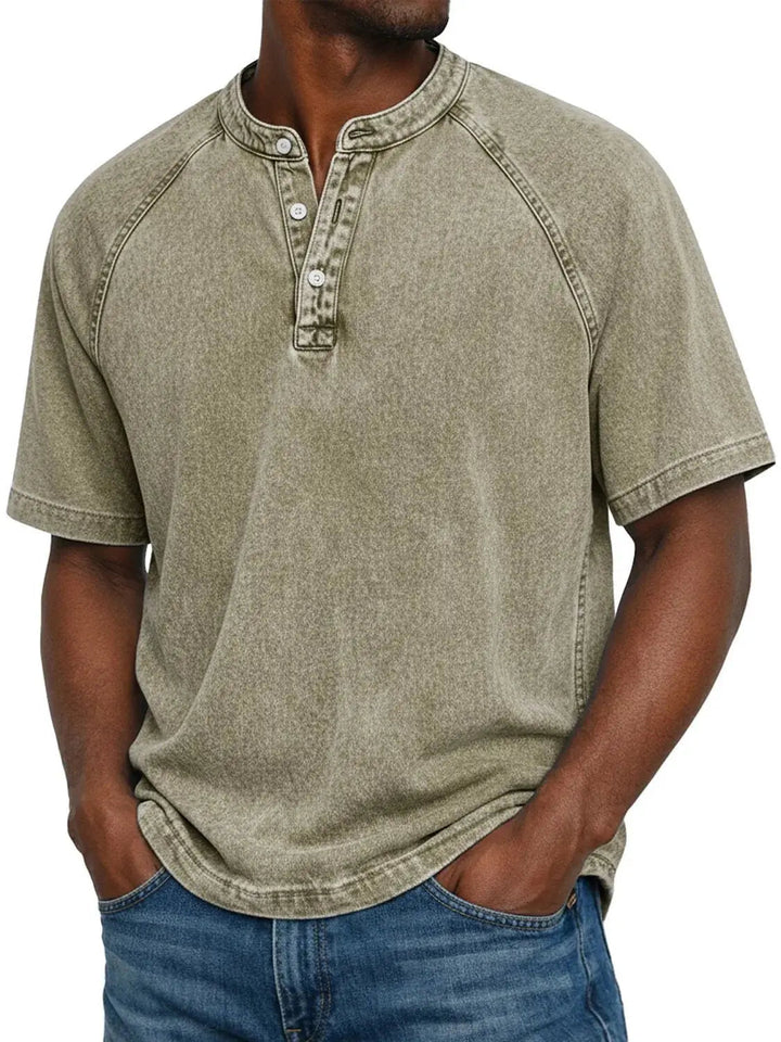 Casual T-shirt met korte mouwen voor heren met raglanmouwen in gewassen henley-stijl
