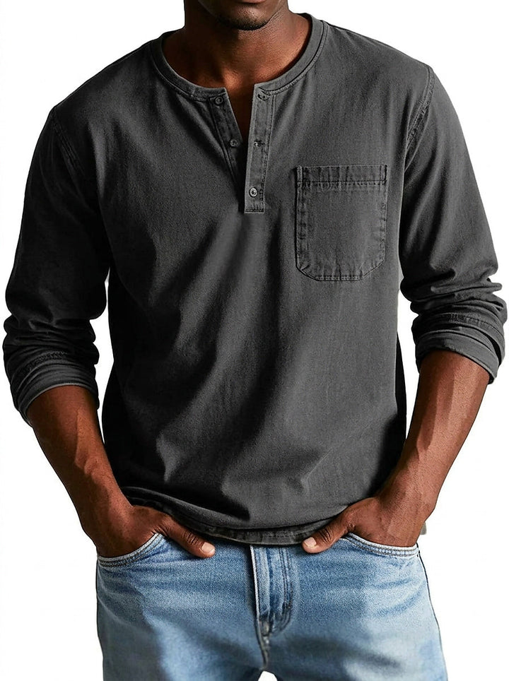 Henley-shirt voor heren met lange mouwen, knoopsluiting en borstzak