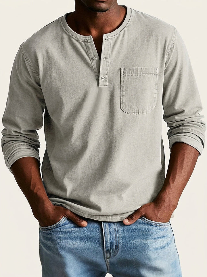 Henley-shirt voor heren met lange mouwen, knoopsluiting en borstzak