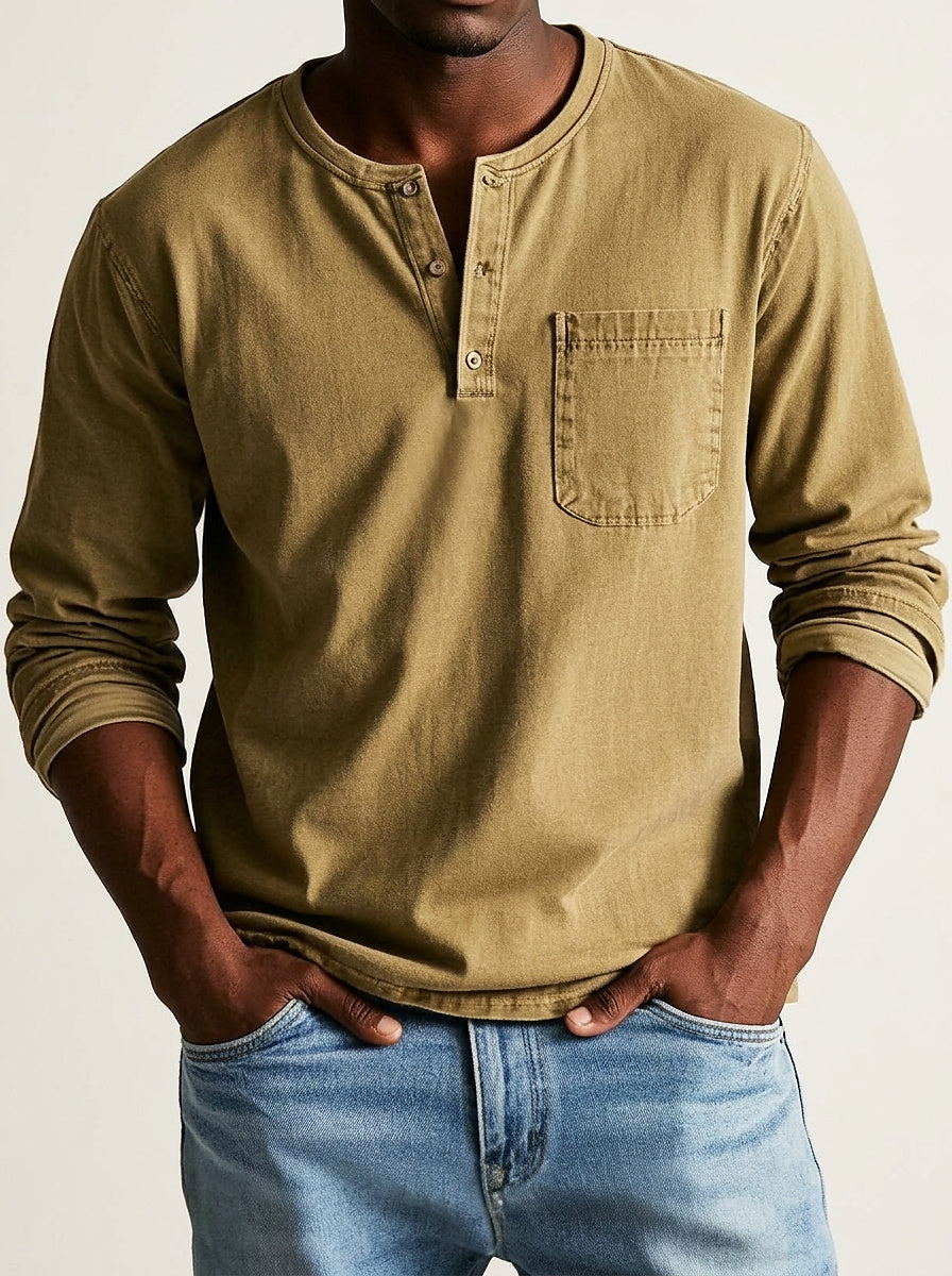Henley-shirt voor heren met lange mouwen, knoopsluiting en borstzak