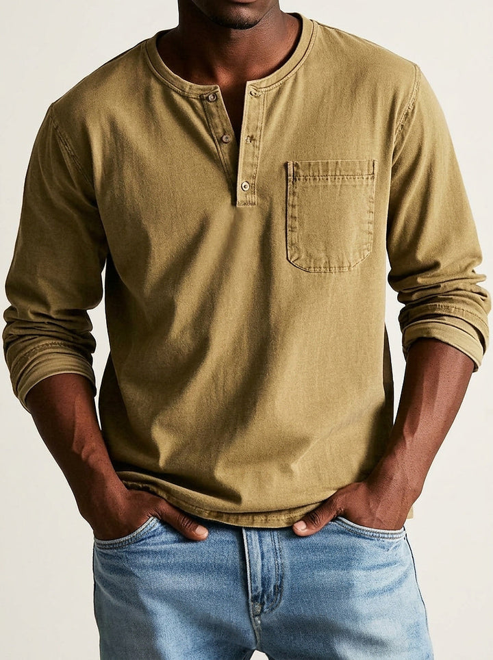Henley-shirt voor heren met lange mouwen, knoopsluiting en borstzak