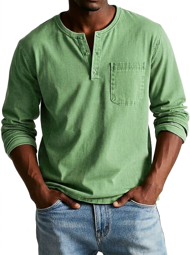 Henley-shirt voor heren met lange mouwen, knoopsluiting en borstzak