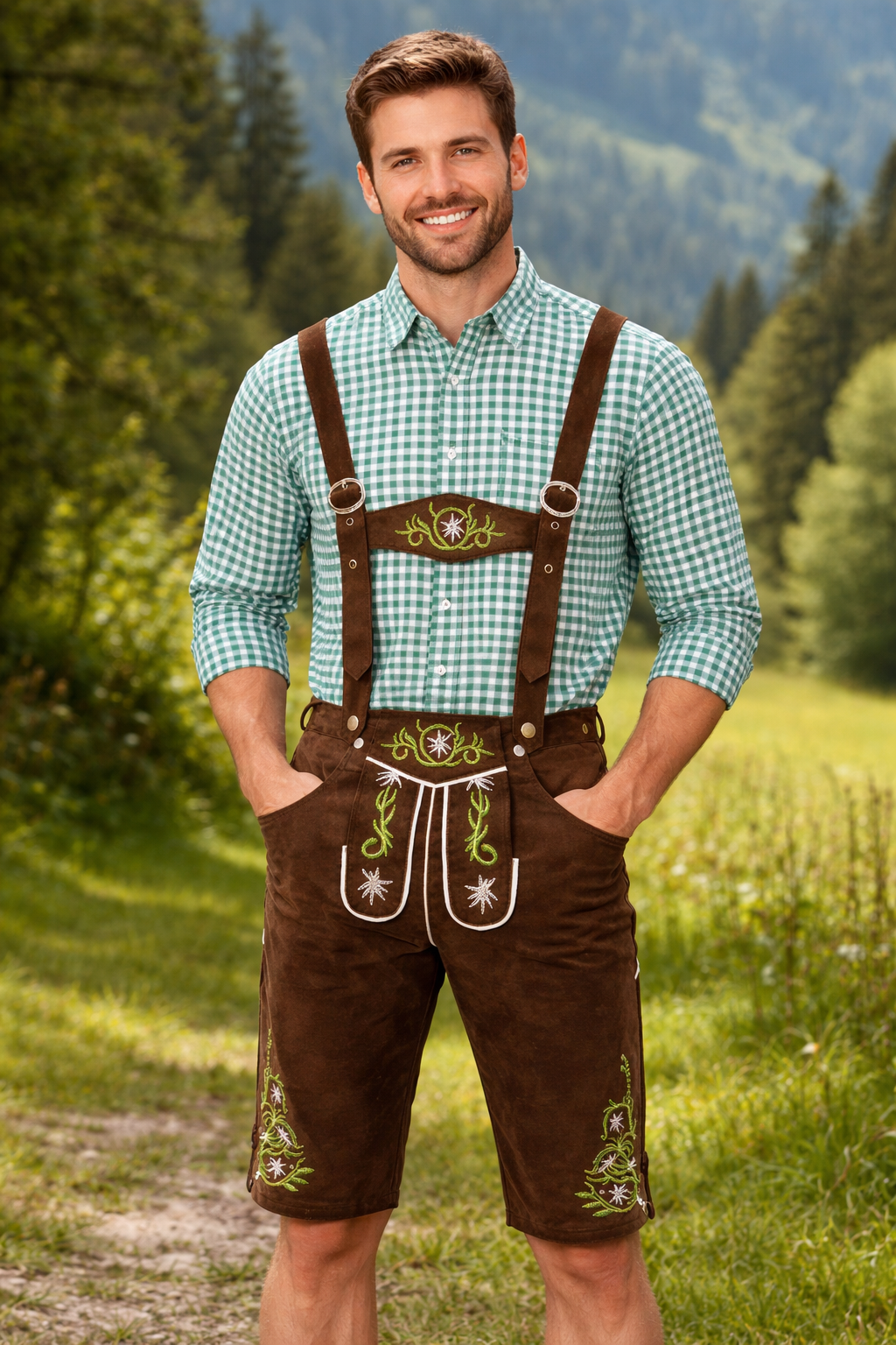Traditionele lederhosen voor heren met bretels, kniehoogte