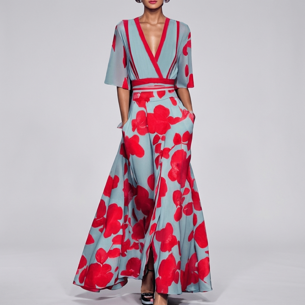 Vrouwen Floral V-Hals Lange Jurk
