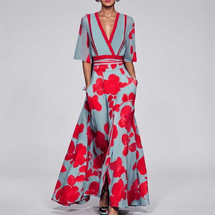 Vrouwen Floral V-Hals Lange Jurk