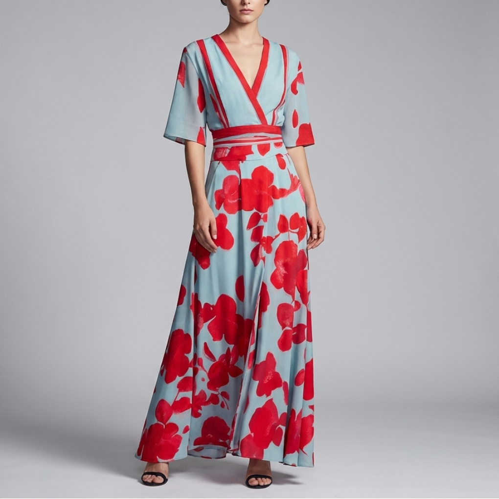 Vrouwen Floral V-Hals Lange Jurk