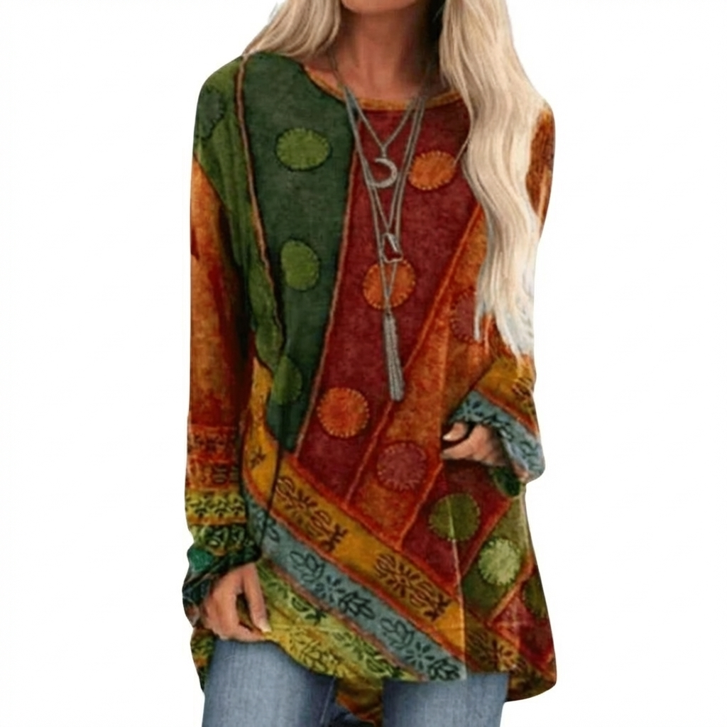 Tuniek met lange mouwen en patchworkpatroon voor dames