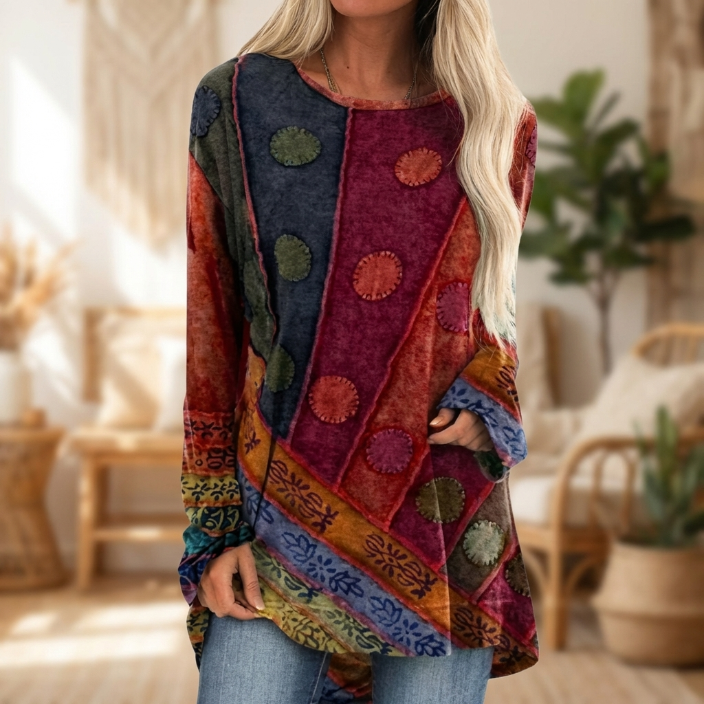 Tuniek met lange mouwen en patchworkpatroon voor dames