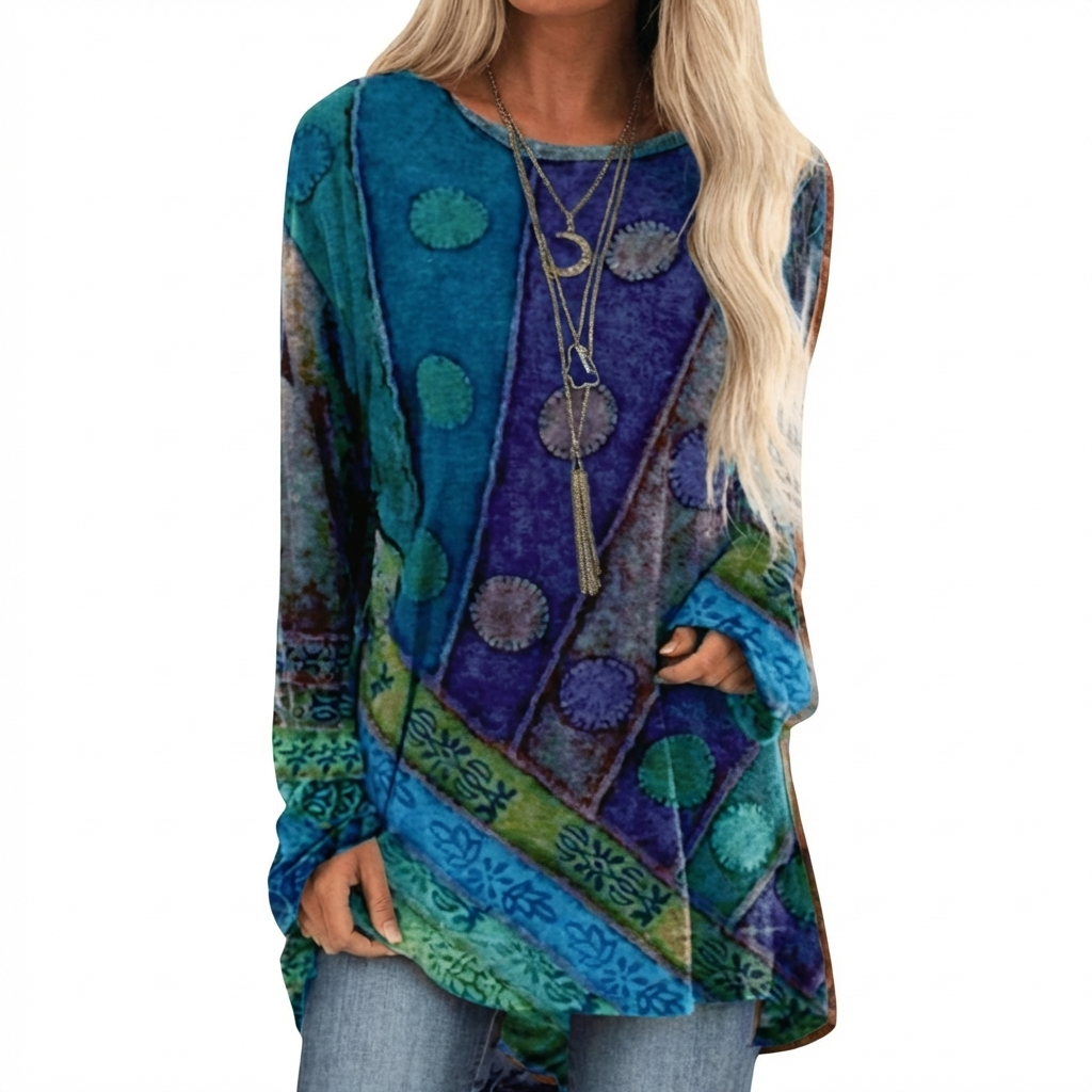 Tuniek met lange mouwen en patchworkpatroon voor dames