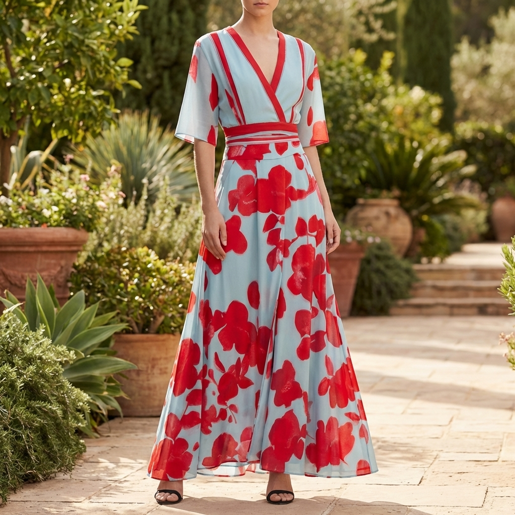 Vrouwen Floral V-Hals Lange Jurk