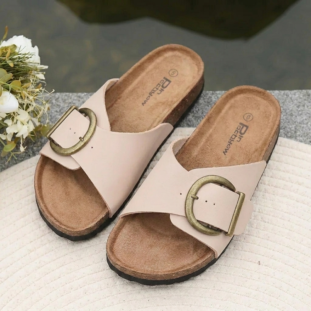 Open-Toe Slide Sandal Met Buckle Detail