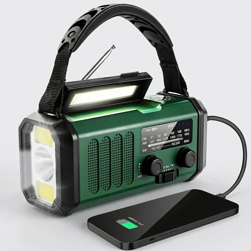10000 mAh Noodradio met Zonne-energie, Handdynamo, AM/FM & SOS-alarm