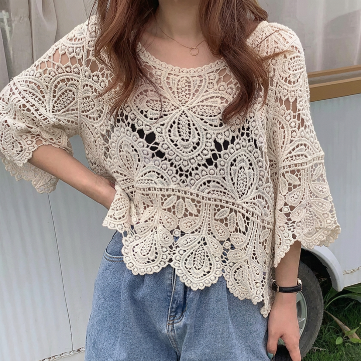 Kanten Blouse met Opengewerkt Detail