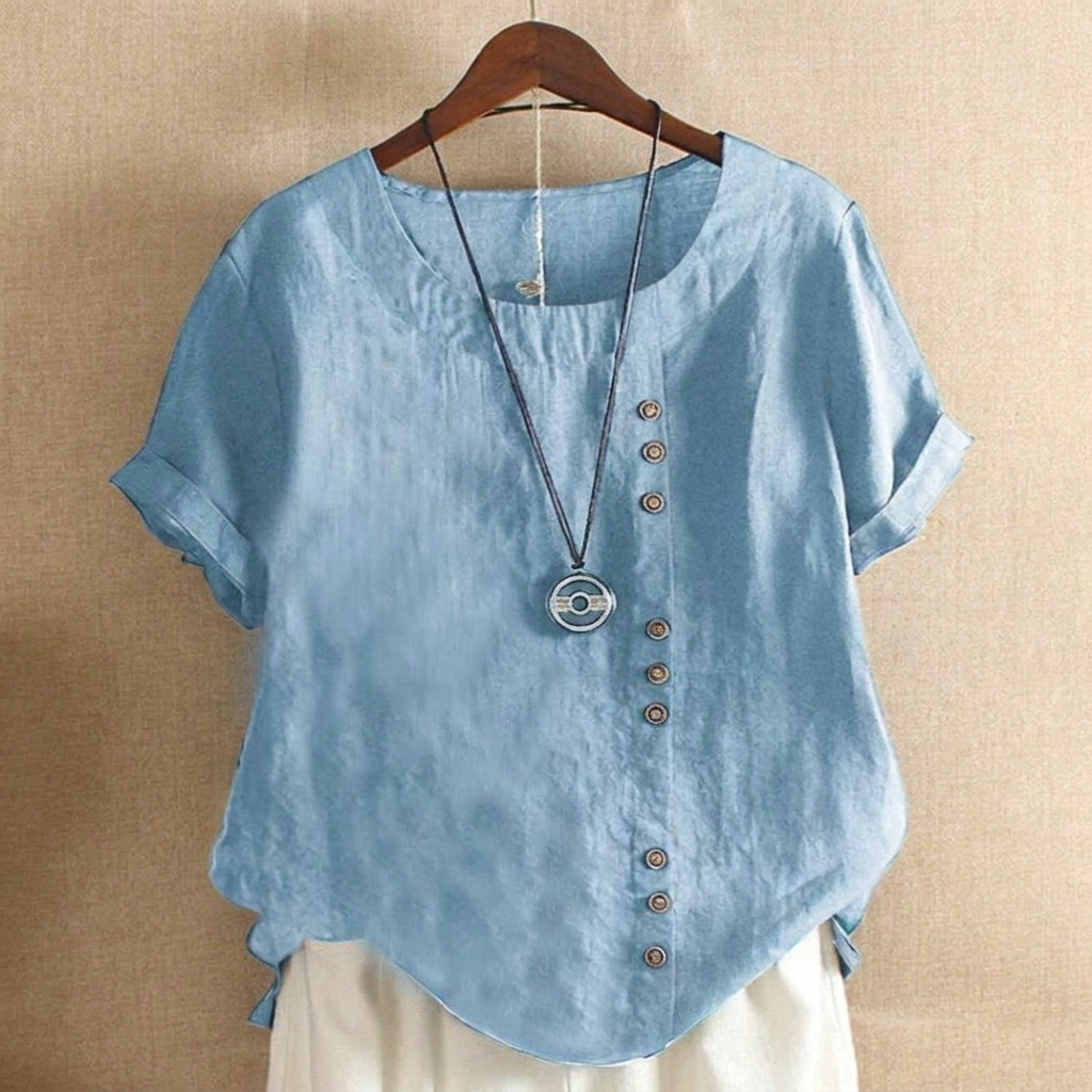 Dames Top met Korte Mouwen en Elegante Knoopdetails
