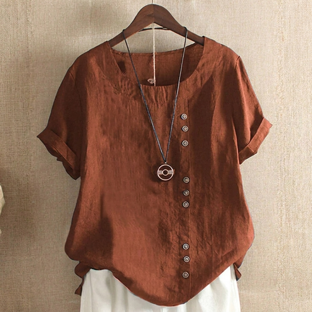 Dames Top met Korte Mouwen en Elegante Knoopdetails