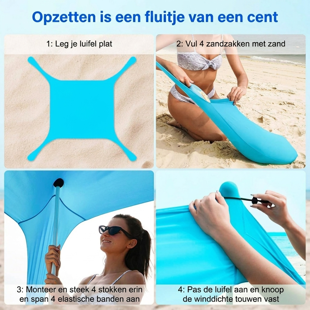 Strandtent met aluminium stokken en zandankers
