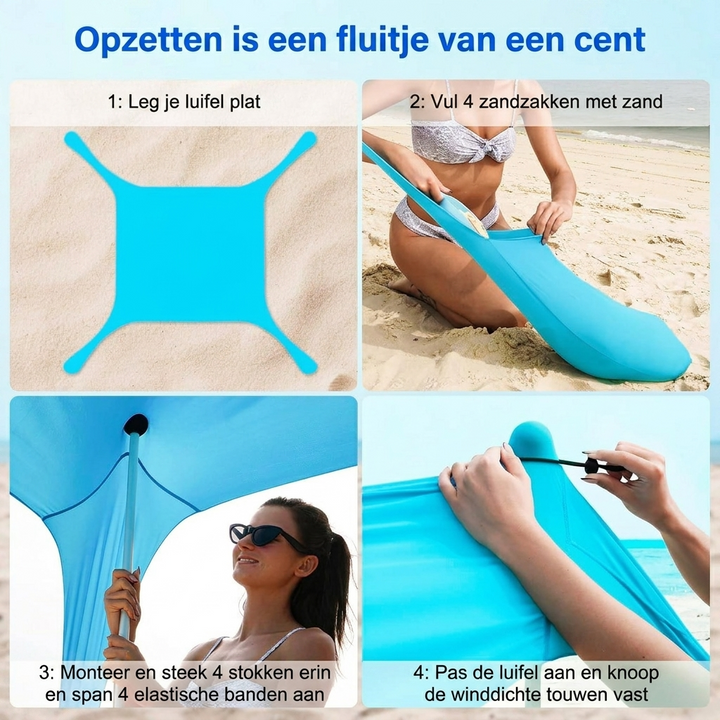 Strandtent met aluminium stokken en zandankers