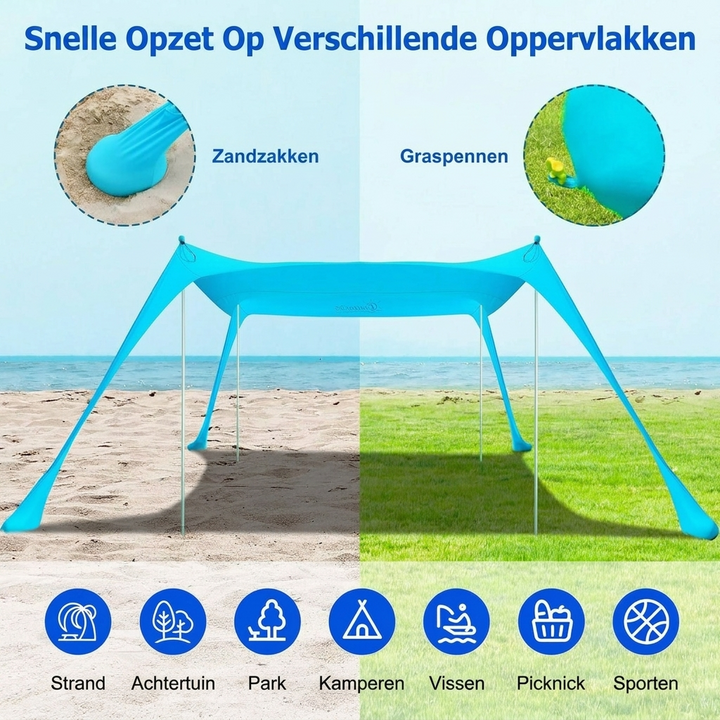Strandtent met aluminium stokken en zandankers