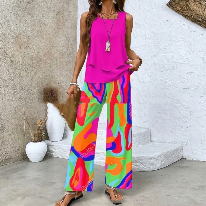 Dames Print Pak Set - Mouwloos Dubbel Laags Vest & Losse Rechte Broek
