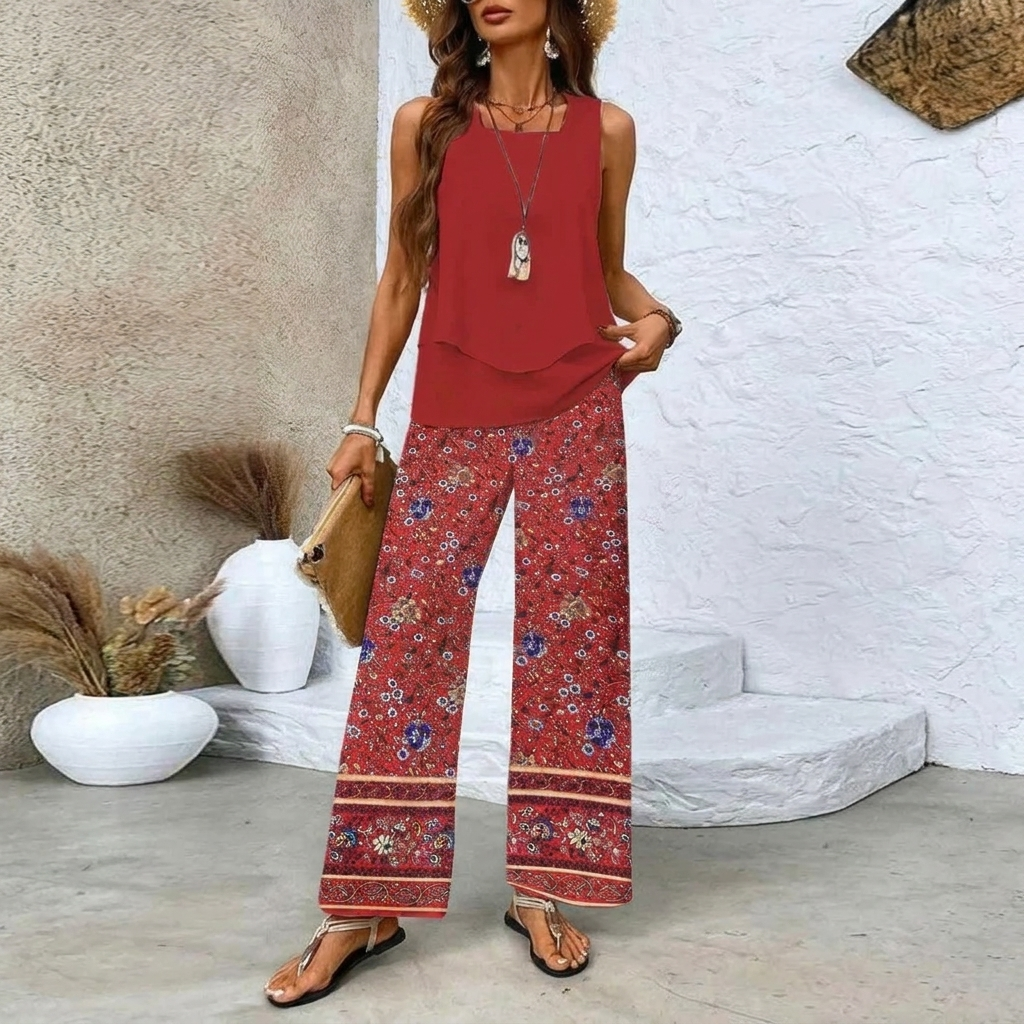 Dames Print Pak Set - Mouwloos Dubbel Laags Vest & Losse Rechte Broek