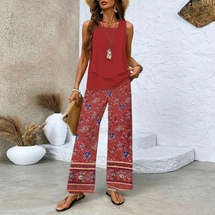 Dames Print Pak Set - Mouwloos Dubbel Laags Vest & Losse Rechte Broek