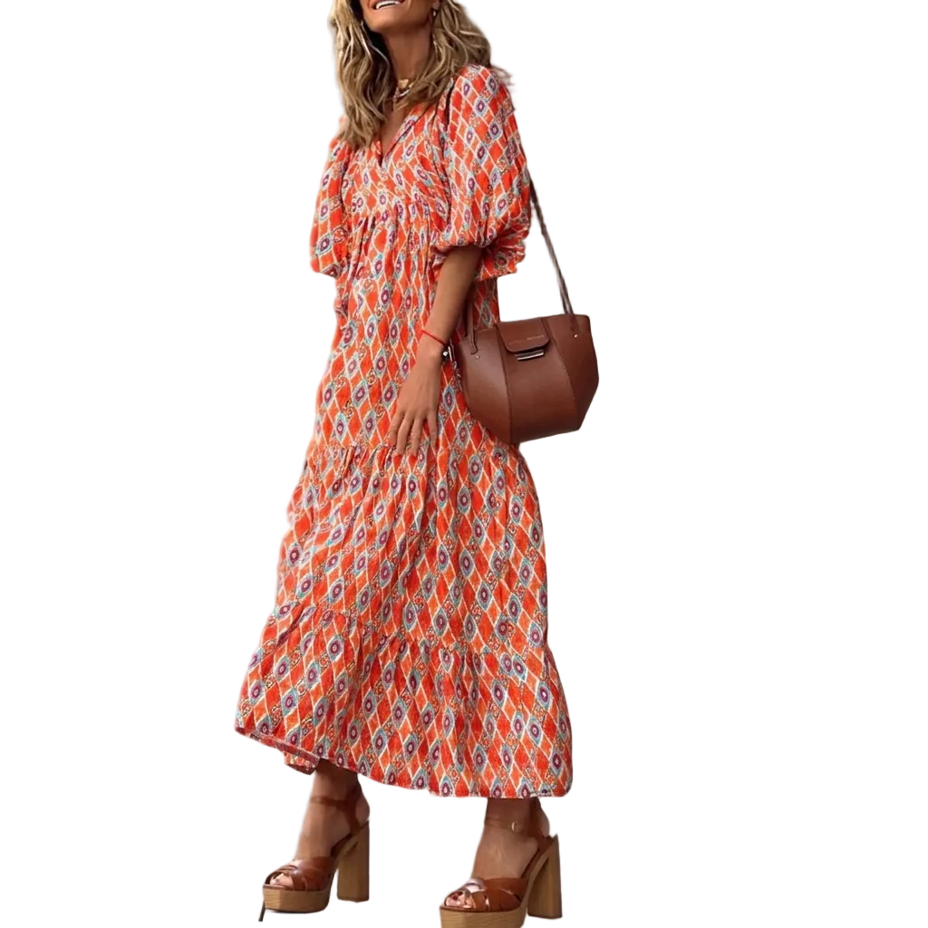 Vintage Bohemien Maxi-Jurk V-hals Korte Mouwen