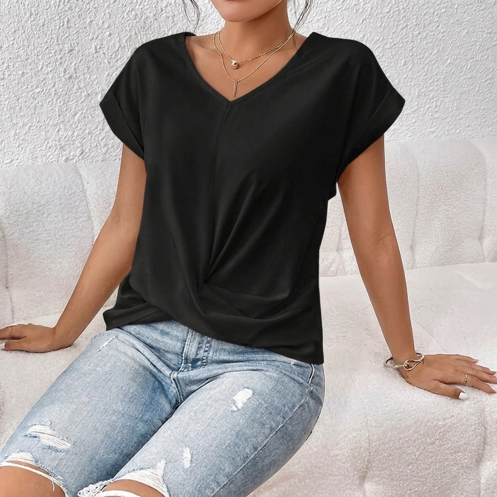 Dames T-shirt met V-hals, Korte Mouwen en Knoopdetail aan de Voorkant