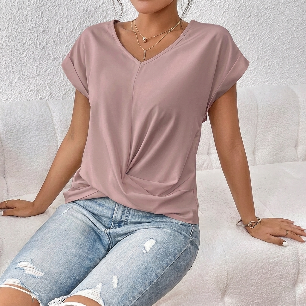 Dames T-shirt met V-hals, Korte Mouwen en Knoopdetail aan de Voorkant