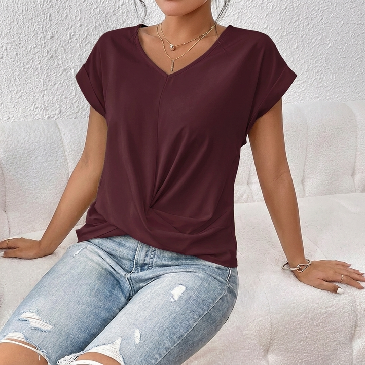 Dames T-shirt met V-hals, Korte Mouwen en Knoopdetail aan de Voorkant