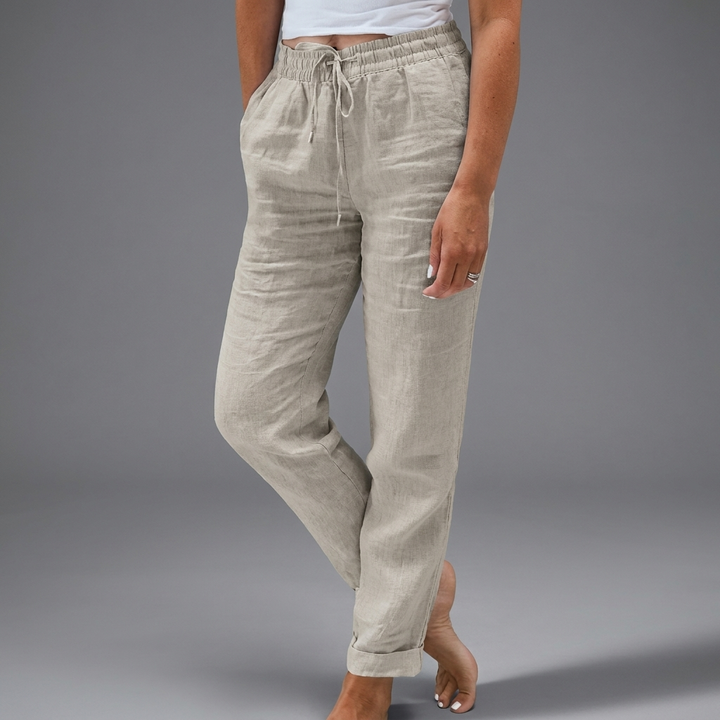 Dames Katoen Linnen Broek met Hoge Taille en Elastische Tailleband