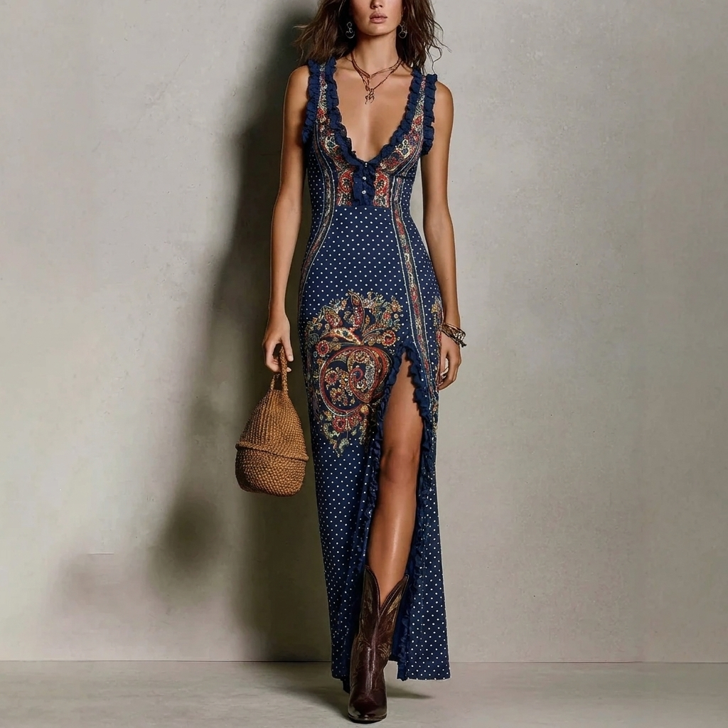Boho maxi-jurk voor dames met digitale print en hoge split