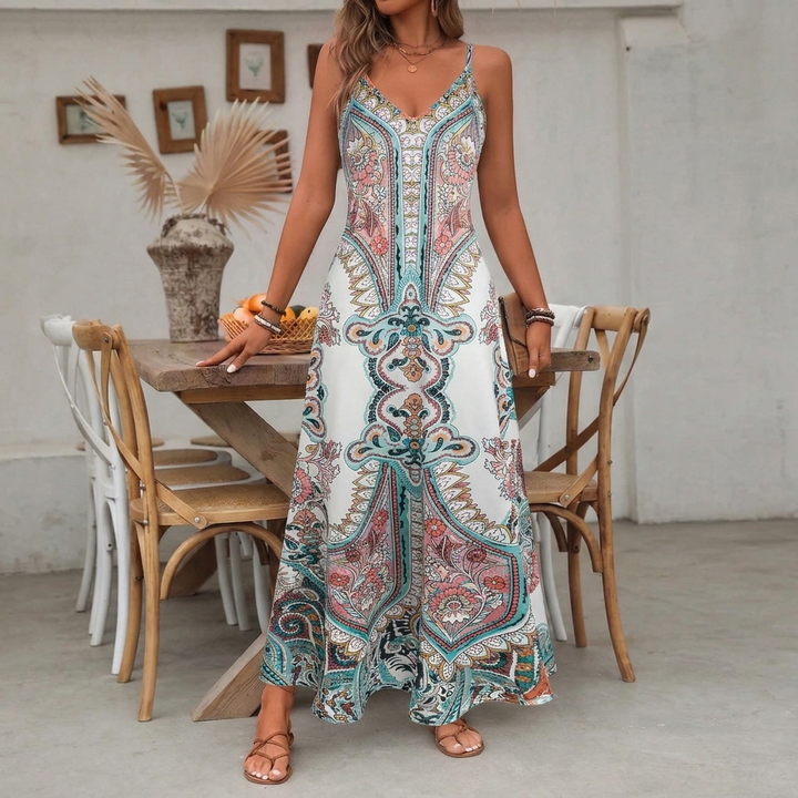 Boho maxi-slipjurk met V-hals en print voor dames